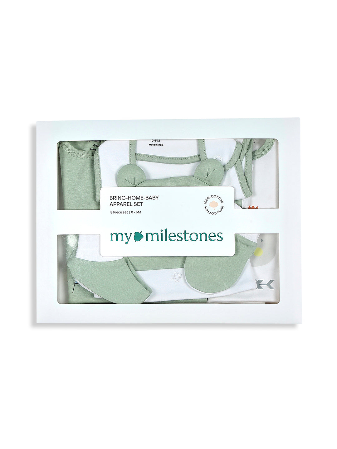 Baby apparel set packaging with 'my milestones' branding on a white background