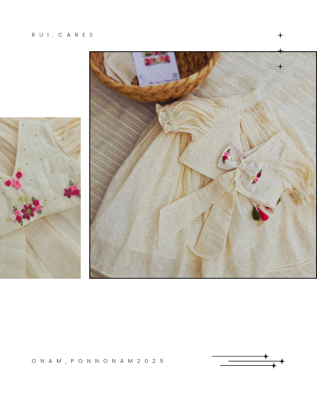 Pookalam: Hand Embroidered Offwhite Full Length Skirt Top Set In Moss Cotton Fabric With Bowclip