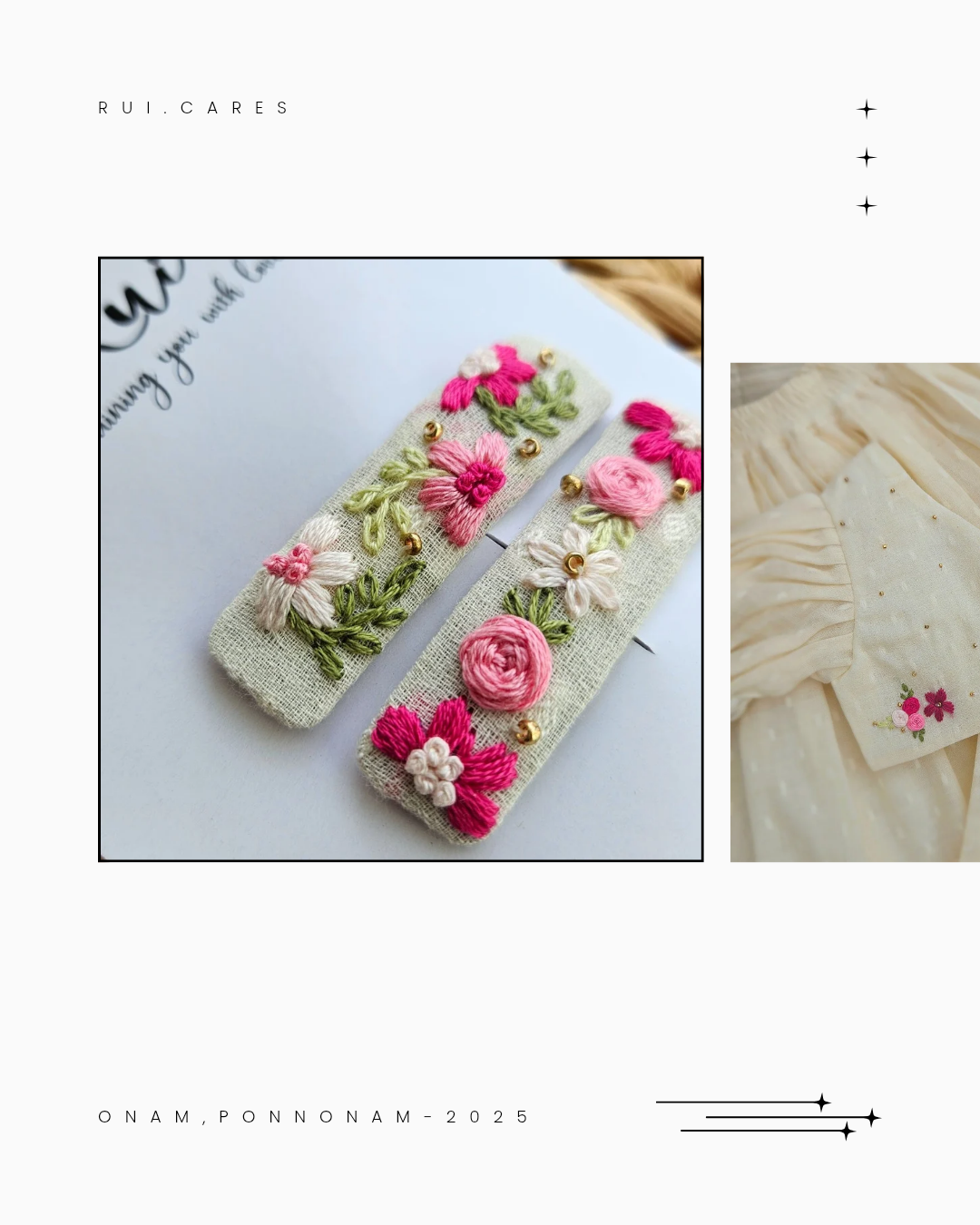 Pookalam: Hand Embroidered Offwhite Full Length Skirt Top Set In Moss Cotton Fabric With Bowclip