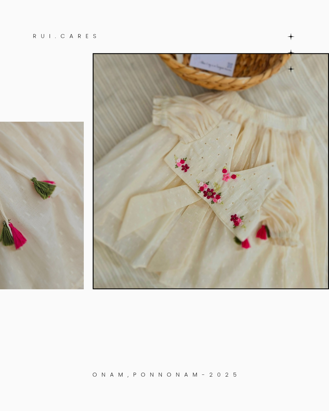 Pookalam: Hand Embroidered Offwhite Full Length Skirt Top Set In Moss Cotton Fabric With Bowclip
