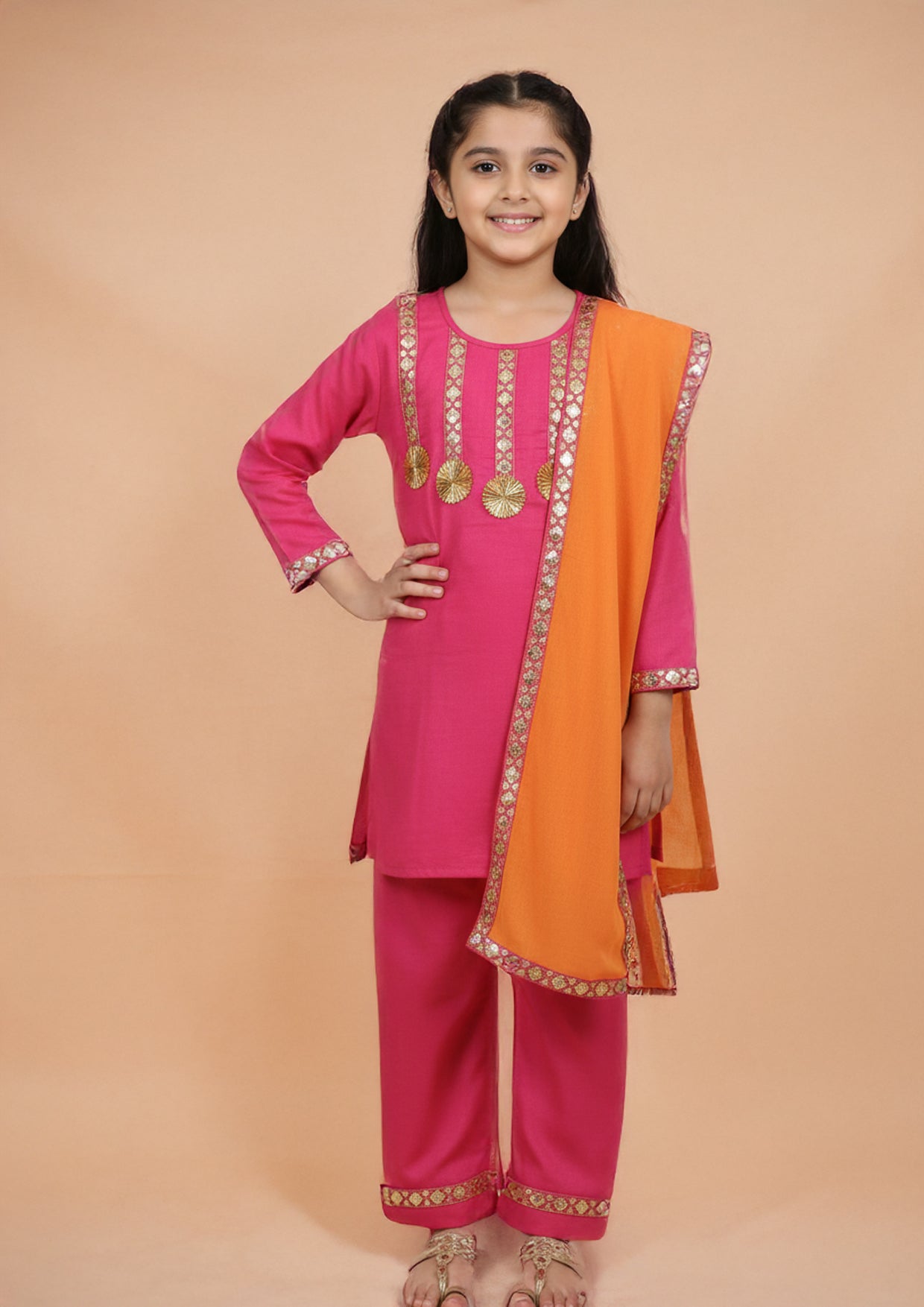 Girls Pink Suit set with Orange dupatta