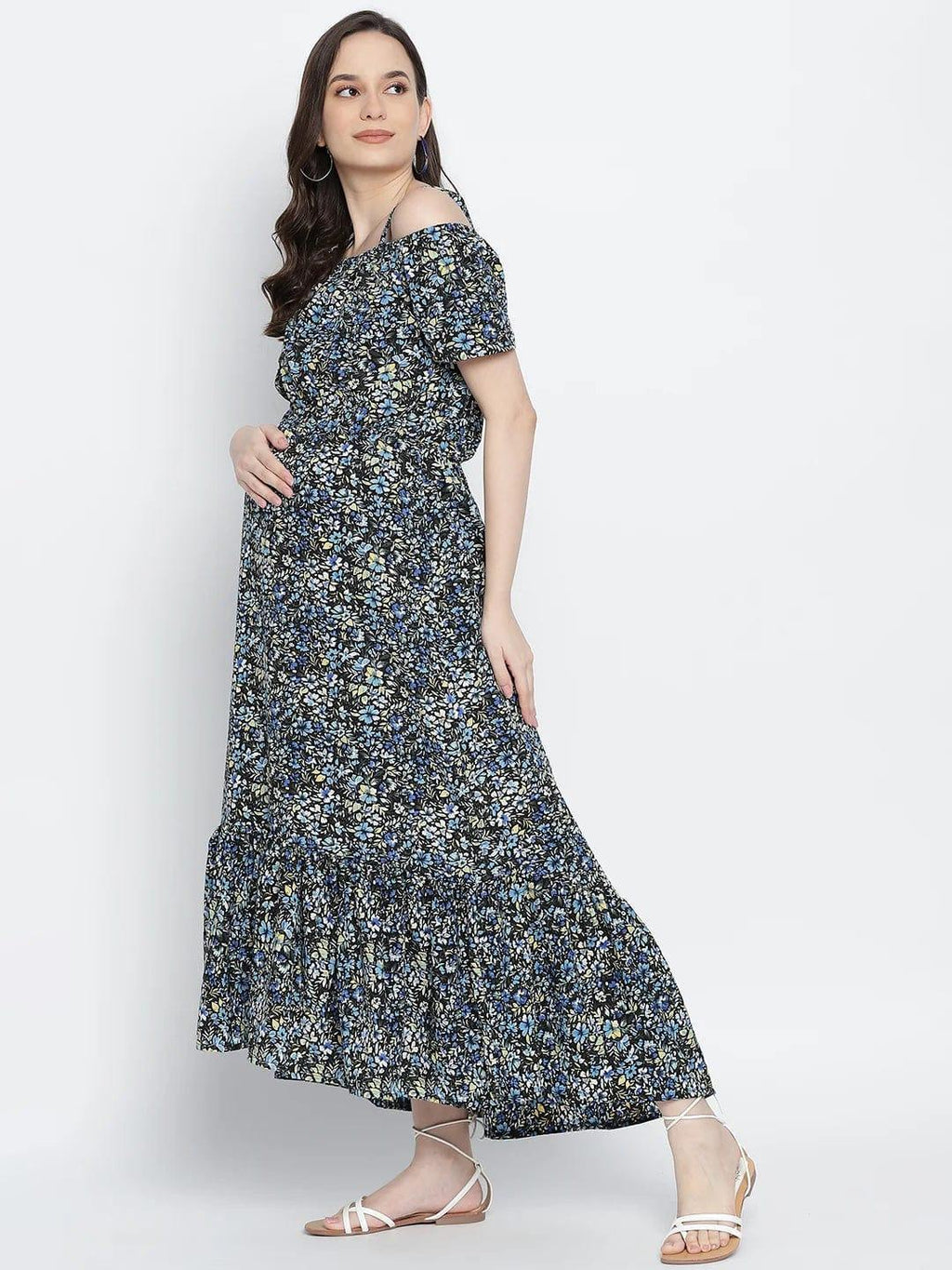 Women's Blue Floral Printed Maternity Dress