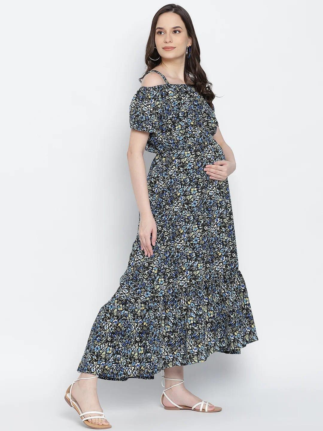 Women's Blue Floral Printed Maternity Dress