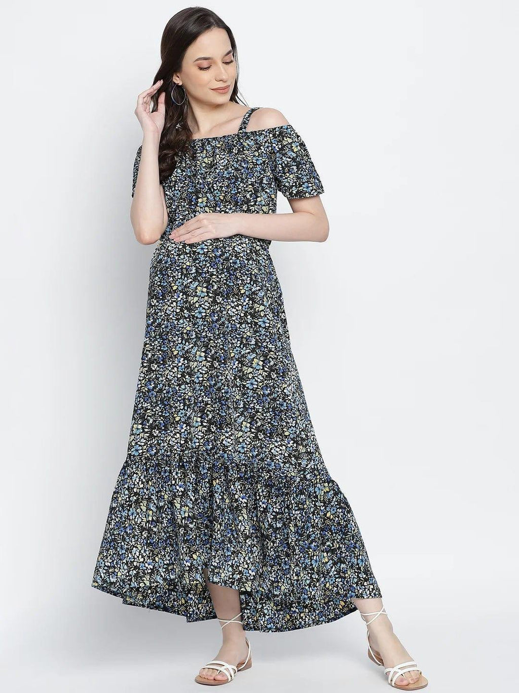 Women's Blue Floral Printed Maternity Dress