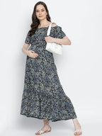 Women's Blue Floral Printed Maternity Dress