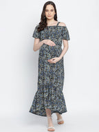 Women's Blue Floral Printed Maternity Dress