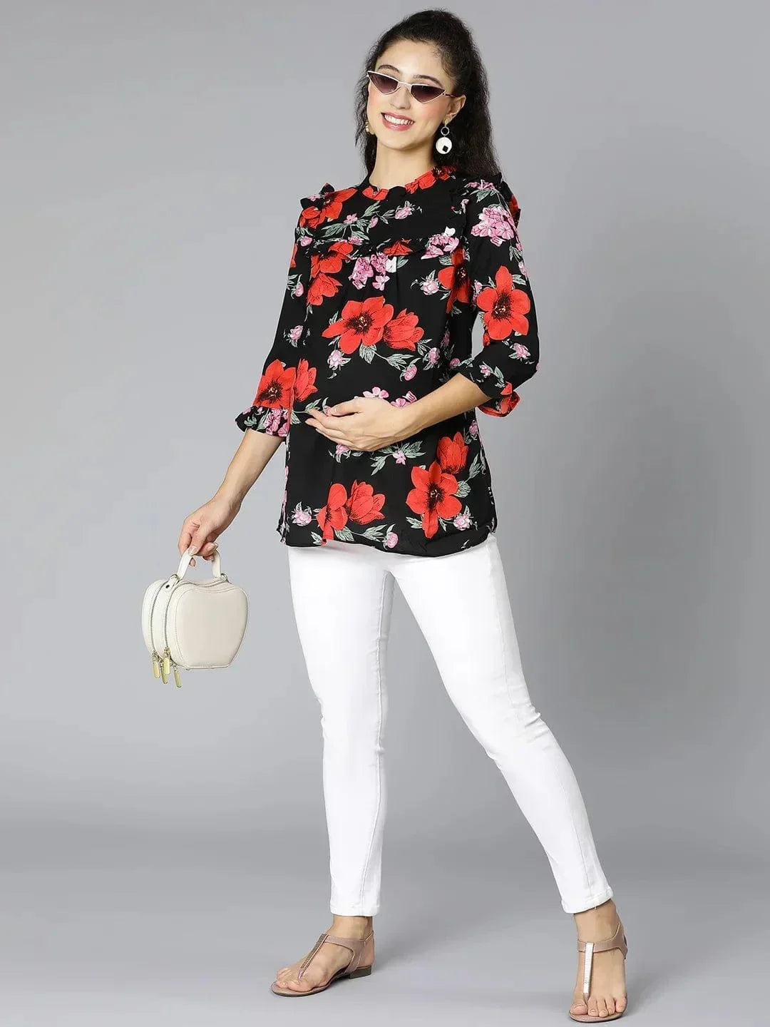 Black Floral Print Maternity Top