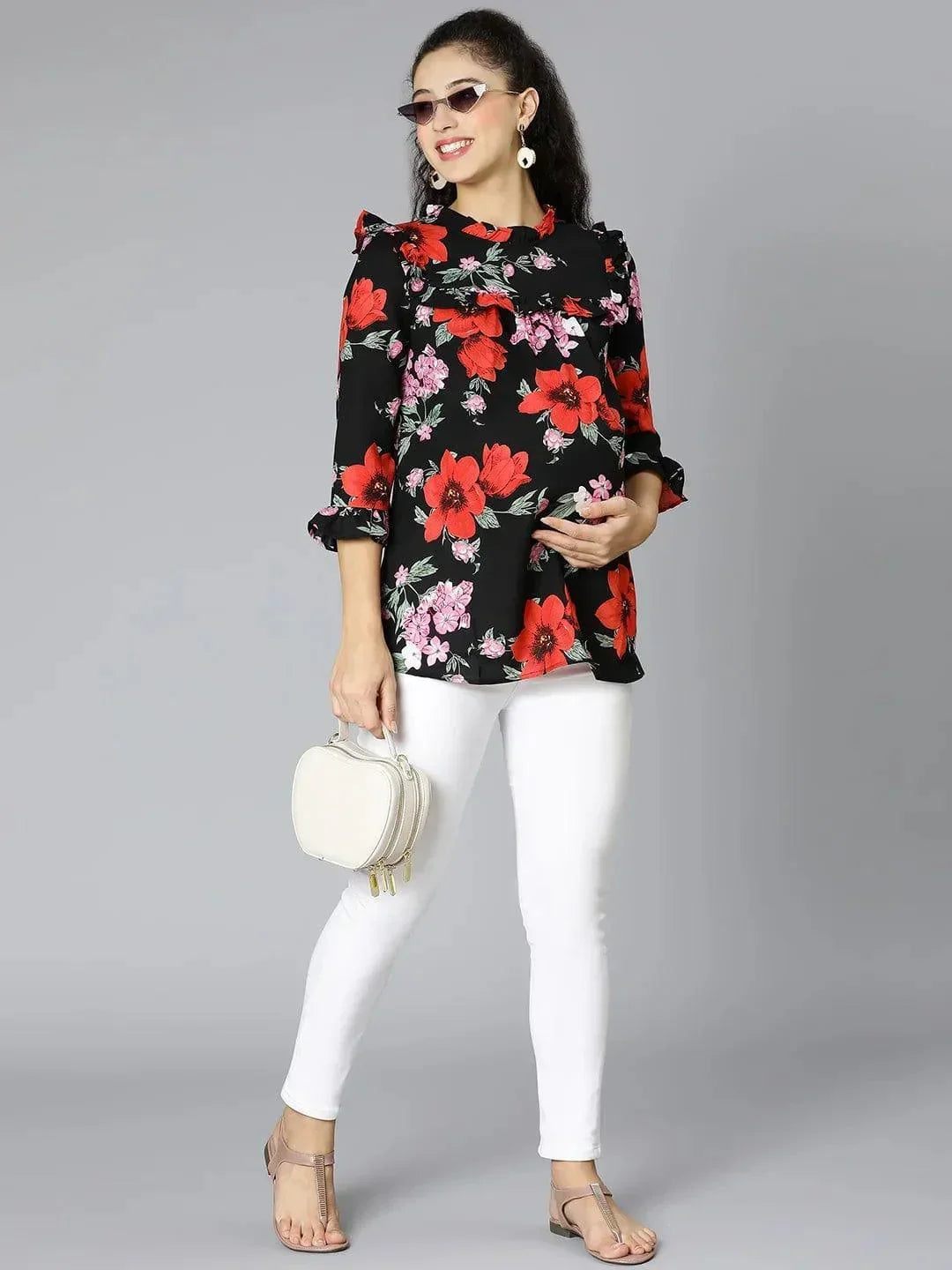 Black Floral Print Maternity Top