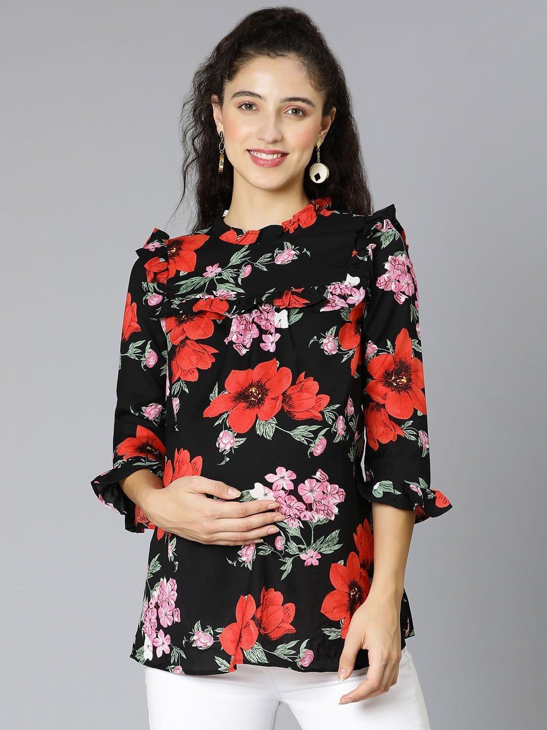 Black Floral Print Maternity Top