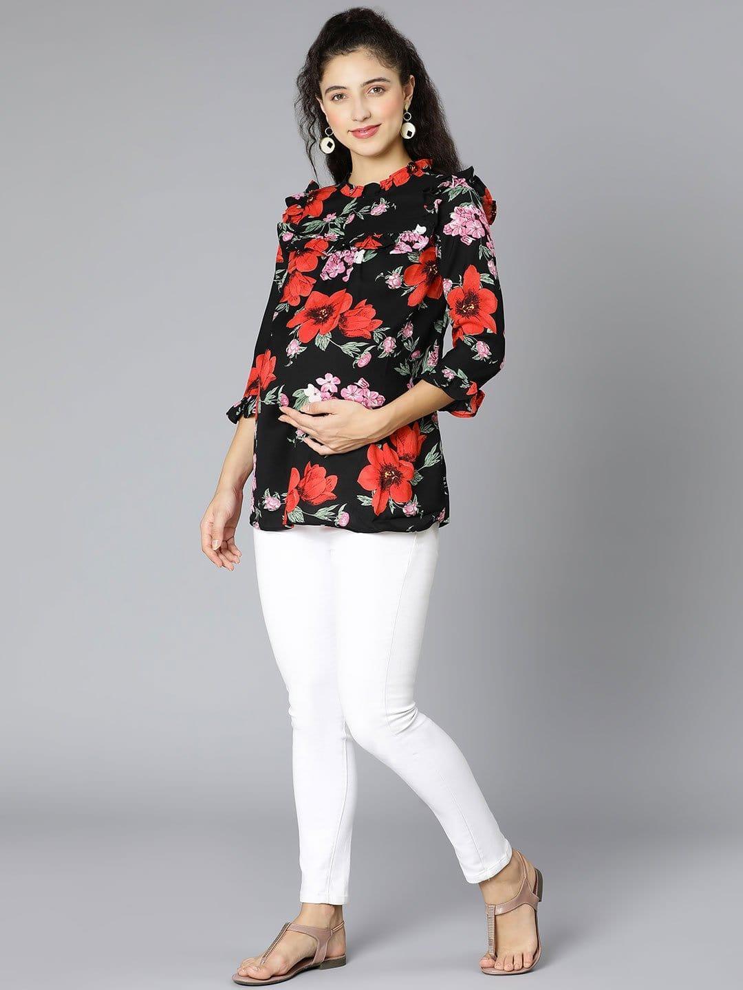 Black Floral Print Maternity Top