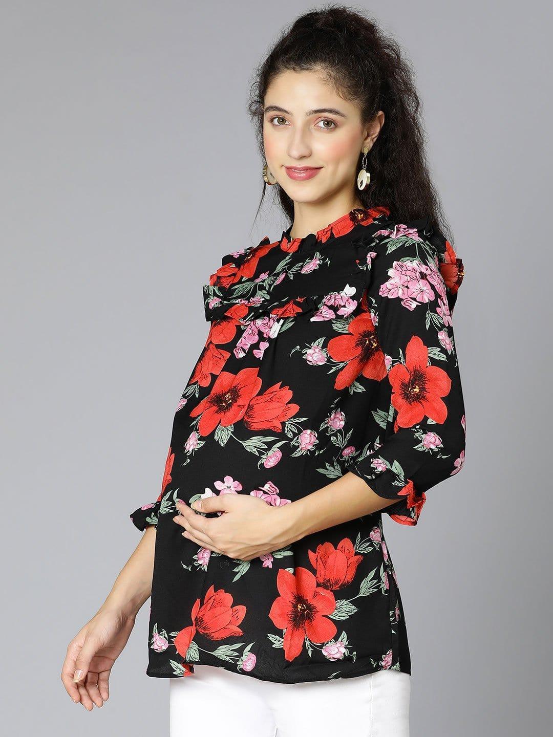 Black Floral Print Maternity Top