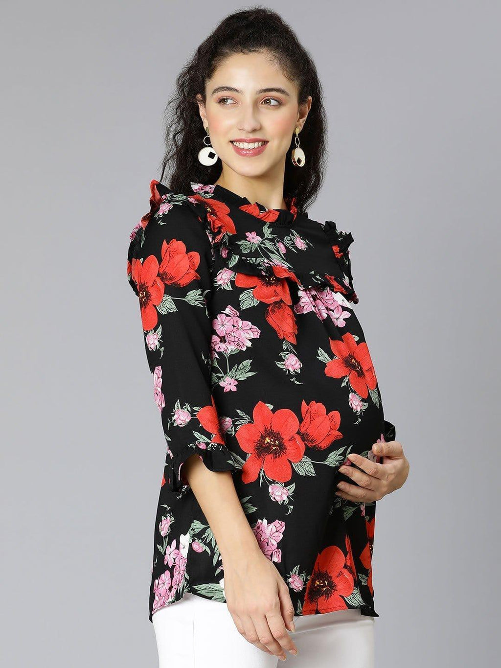 Black Floral Print Maternity Top
