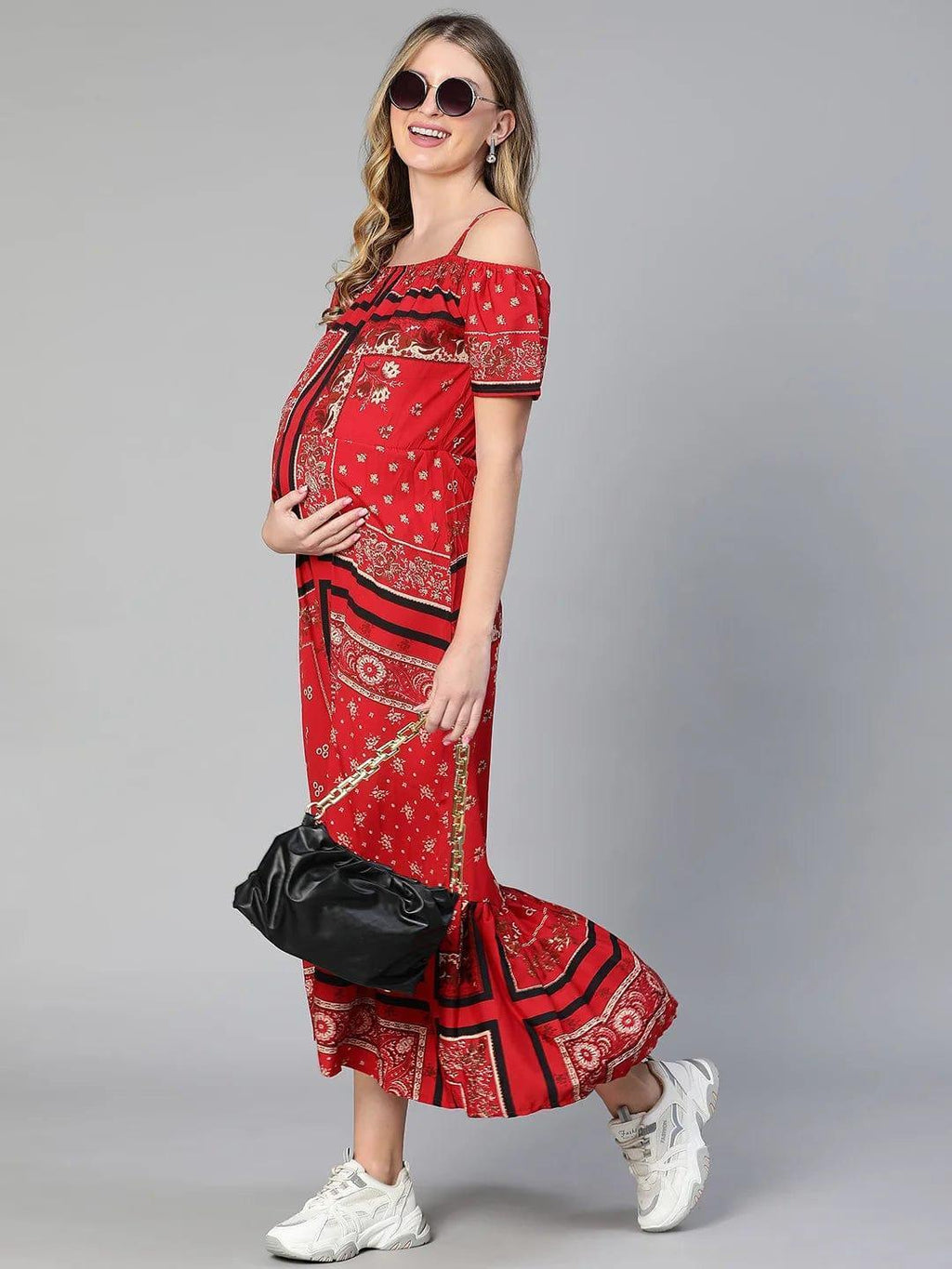 Women's Red Floral Print Maternity Dress
