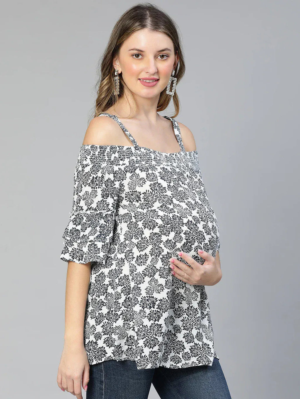 Women White Floral Maternity Top