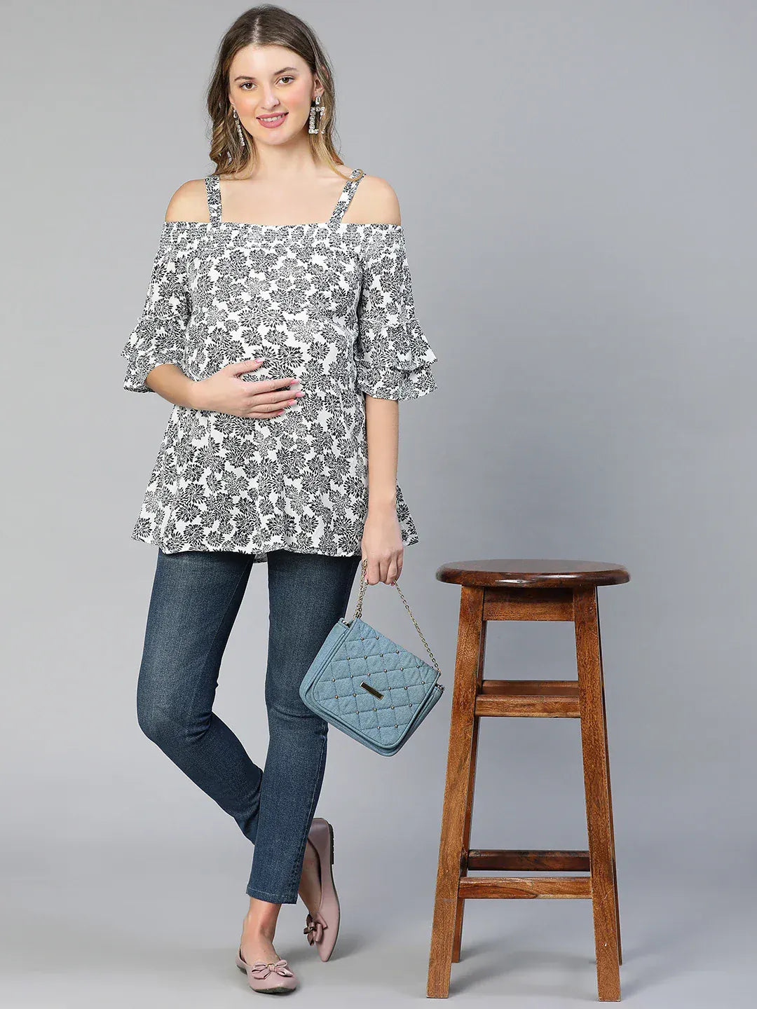 Women White Floral Maternity Top