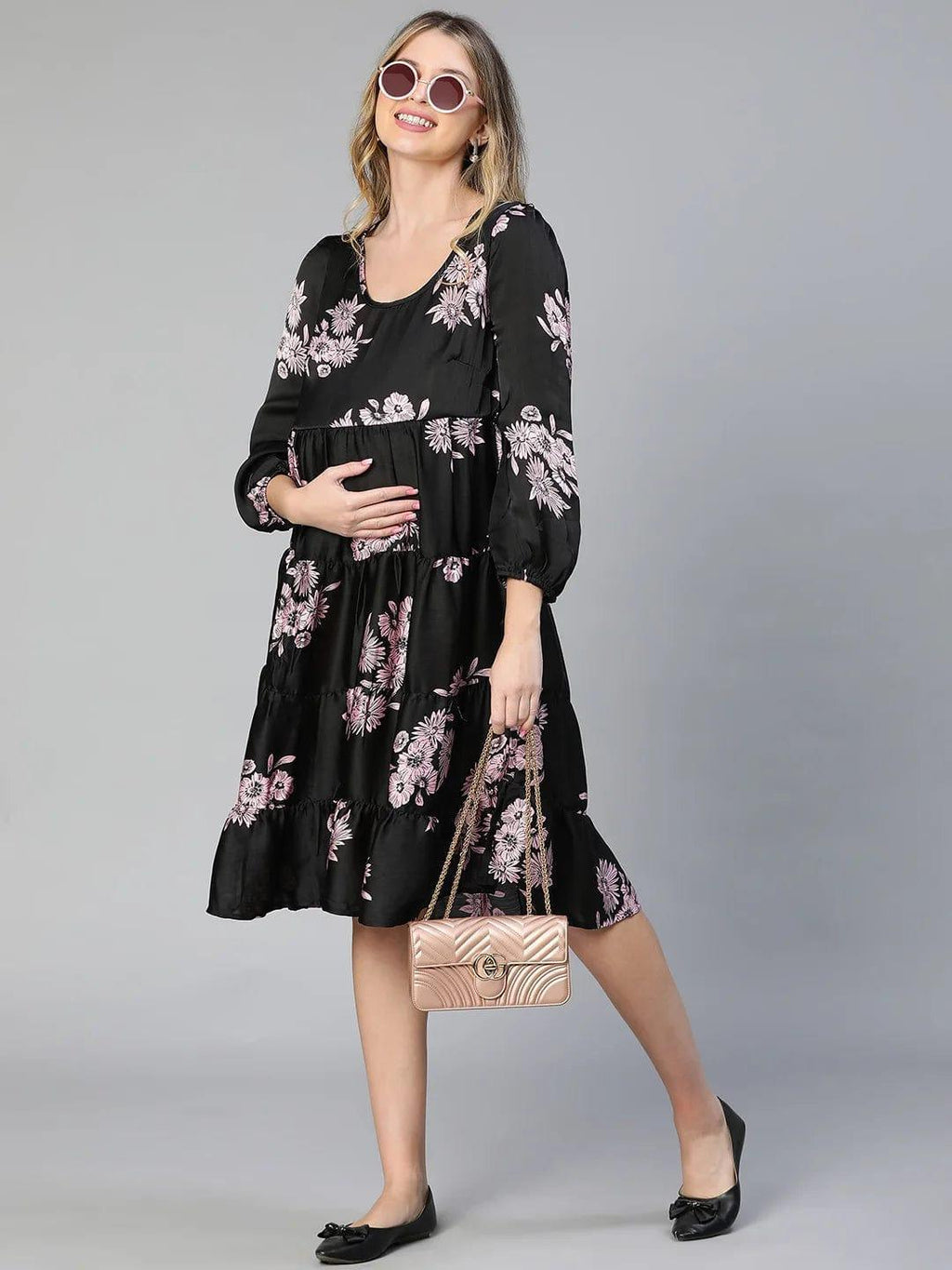 Women's Black Floral Print Maternity Dress