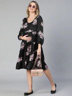 Women's Black Floral Print Maternity Dress