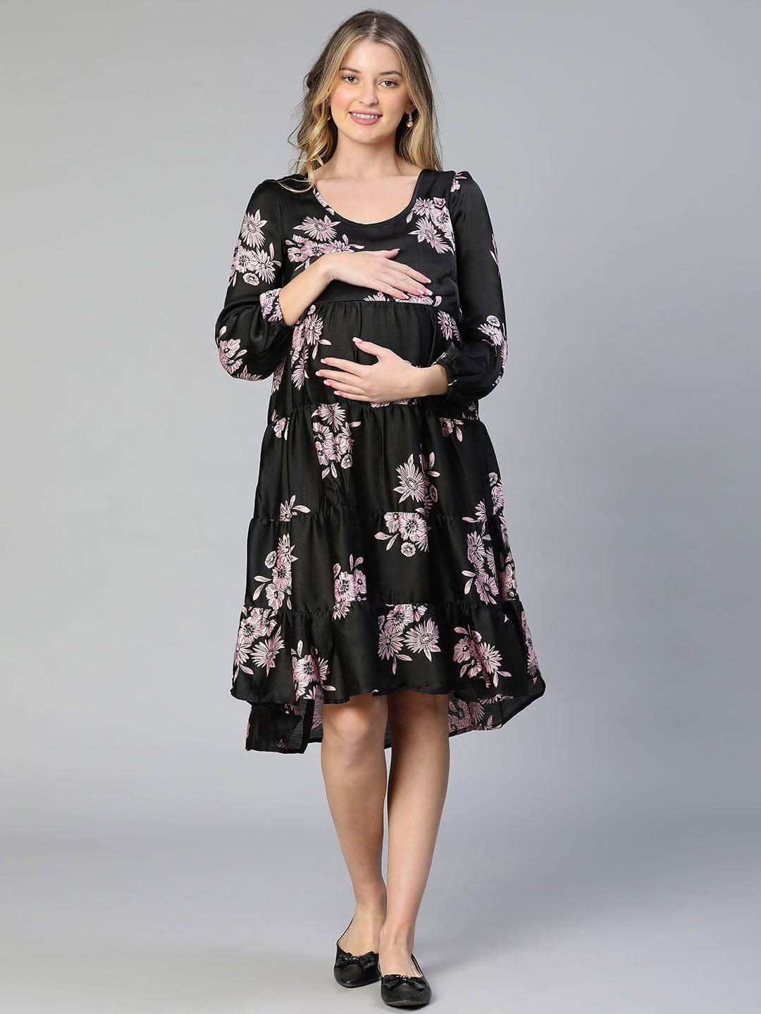 Women's Black Floral Print Maternity Dress