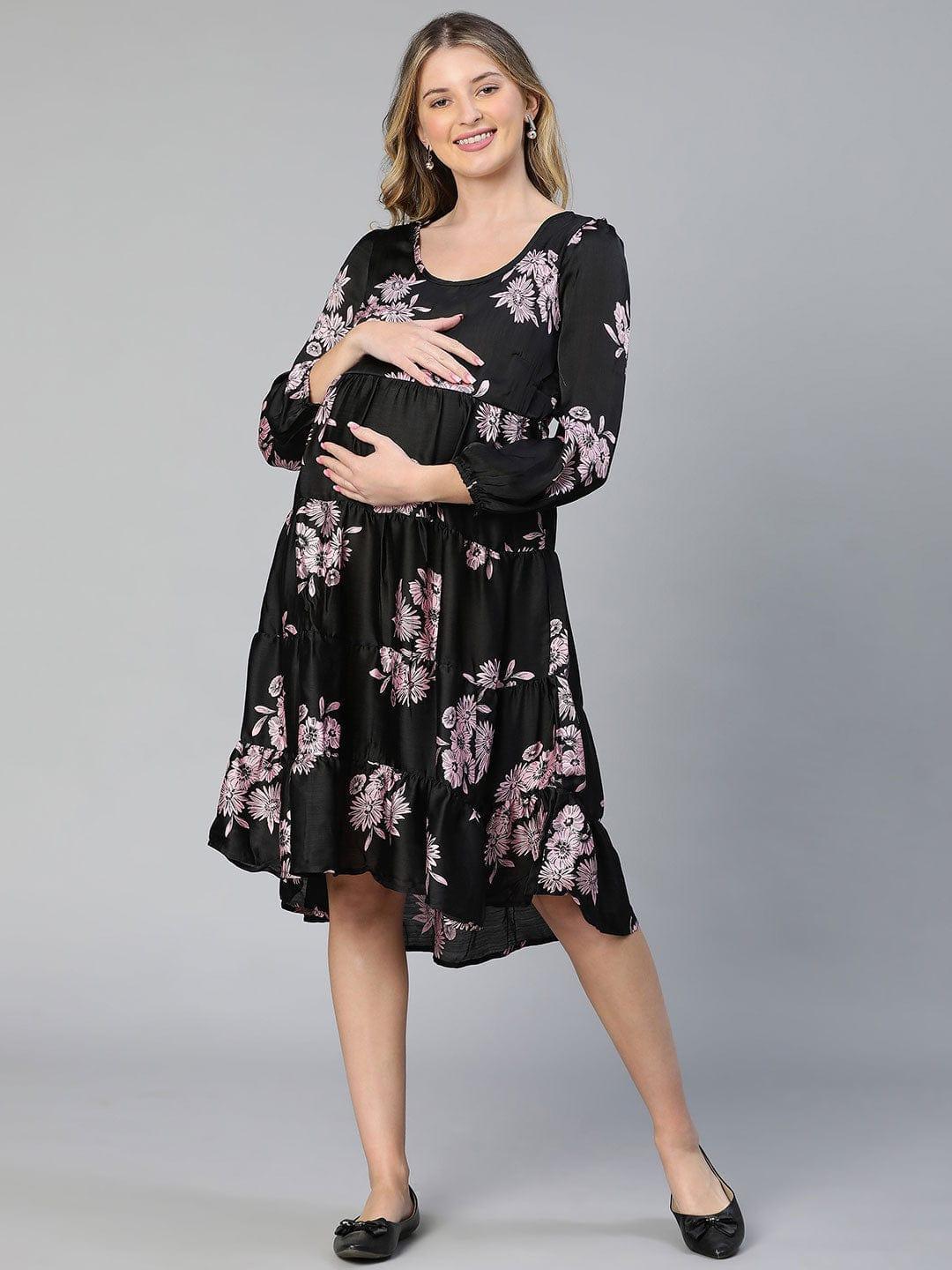 Women's Black Floral Print Maternity Dress