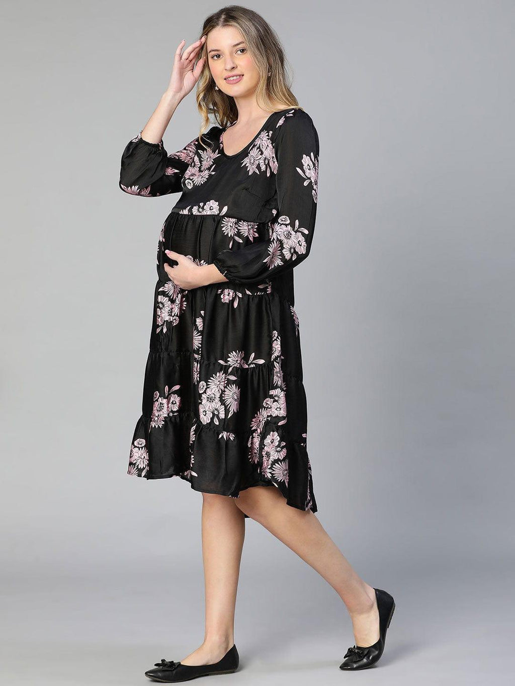 Women's Black Floral Print Maternity Dress
