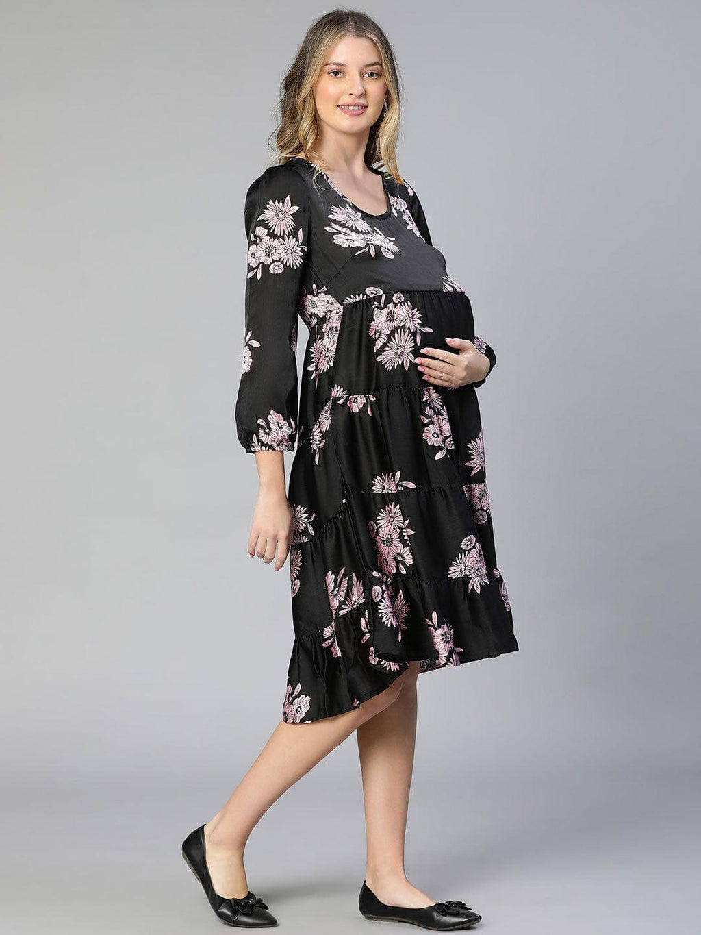 Women's Black Floral Print Maternity Dress