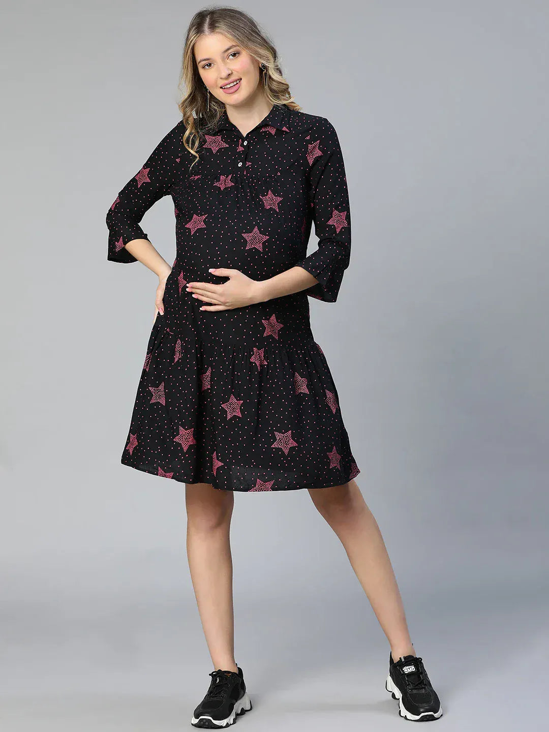 Women Black Star Print Maternity Dress