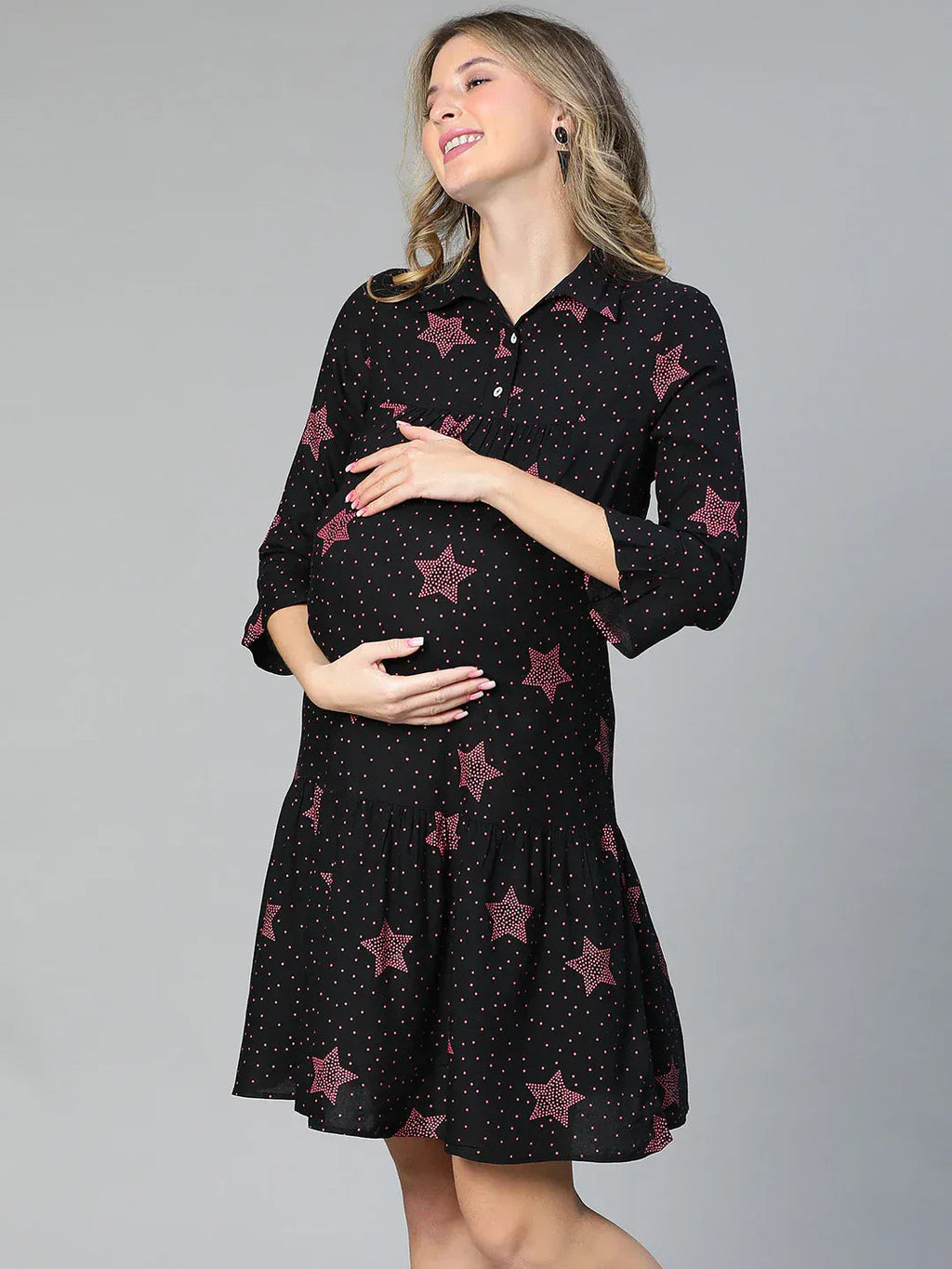 Women Black Star Print Maternity Dress