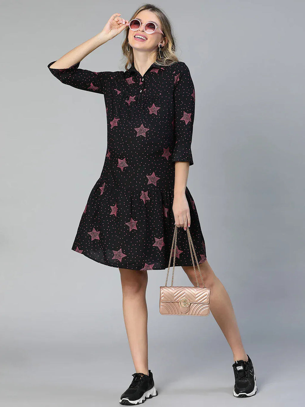 Women Black Star Print Maternity Dress