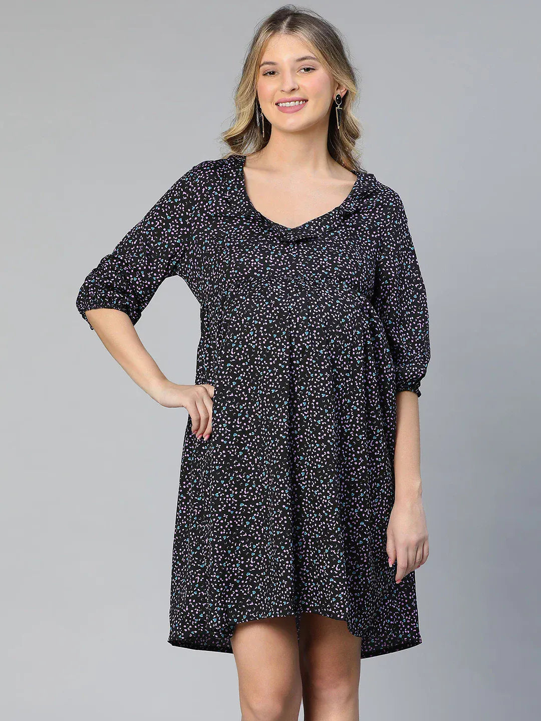 Women Navy Blue Floral Print Maternity Dress