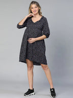 Women Navy Blue Floral Print Maternity Dress