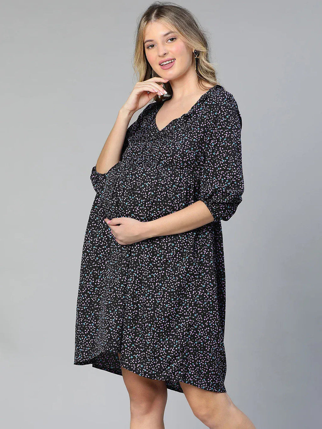 Women Navy Blue Floral Print Maternity Dress