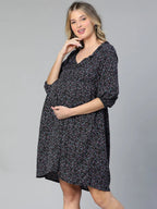 Women Navy Blue Floral Print Maternity Dress
