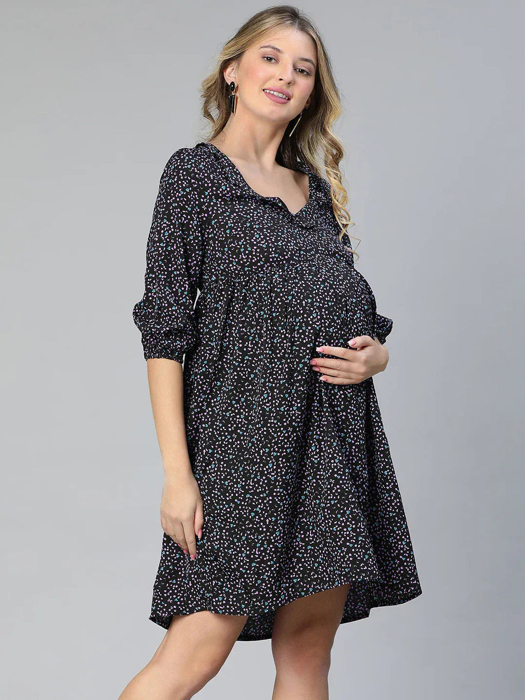 Women Navy Blue Floral Print Maternity Dress