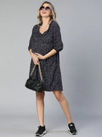 Women Navy Blue Floral Print Maternity Dress