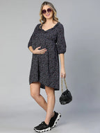 Women Navy Blue Floral Print Maternity Dress