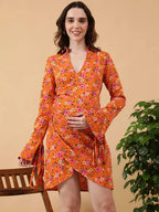 Orange Floral Print Maternity Dress