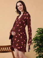 Maroon Floral Print Maternity Dress