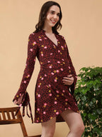 Maroon Floral Print Maternity Dress