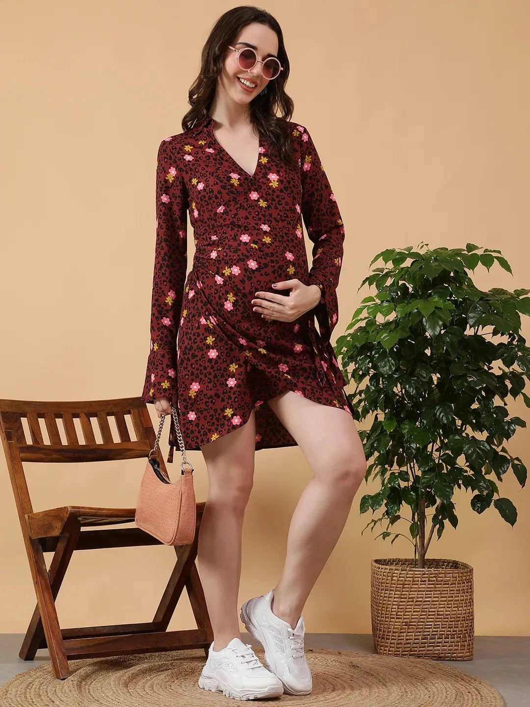 Maroon Floral Print Maternity Dress