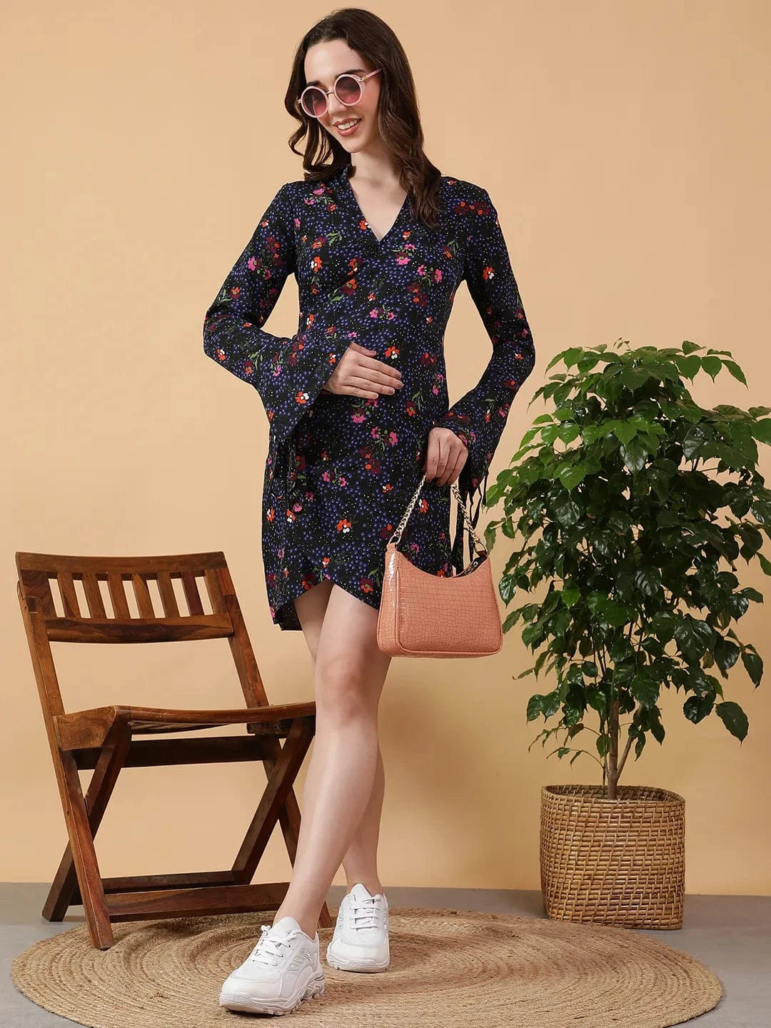 Blue Floral Print Maternity Dress