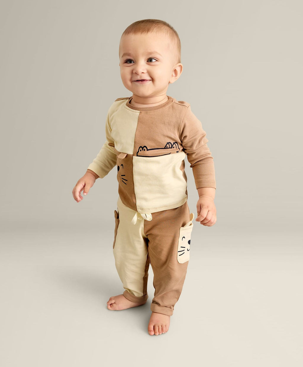 100% Cotton Full Sleeves Color Block Drop Top & Bottom Set - Ecru/Fawn