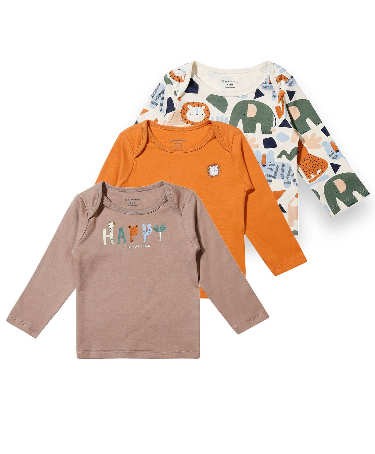 100% Cotton Full Sleeves Envelope Neck Tee Pack Of 3 - Multicolour