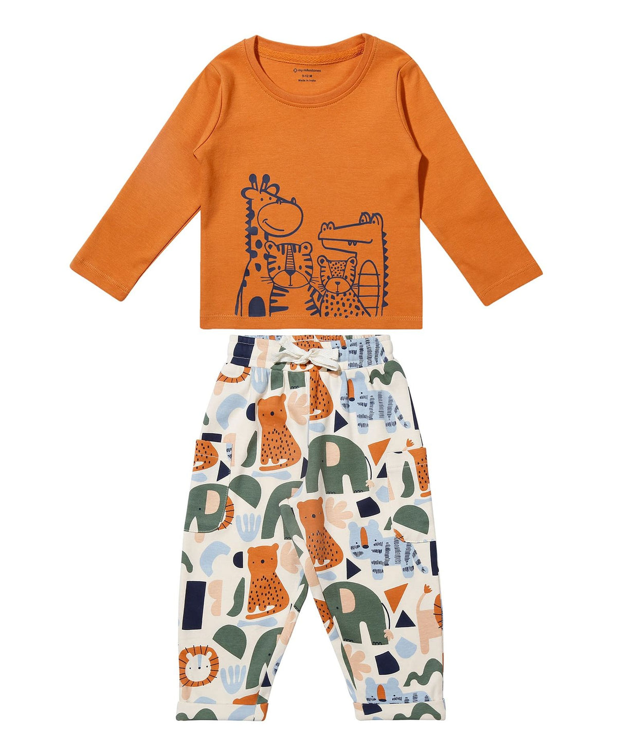 100% Cotton Full Sleeves Animal Printed Tee With Aop Joggers - Orange/Ecru