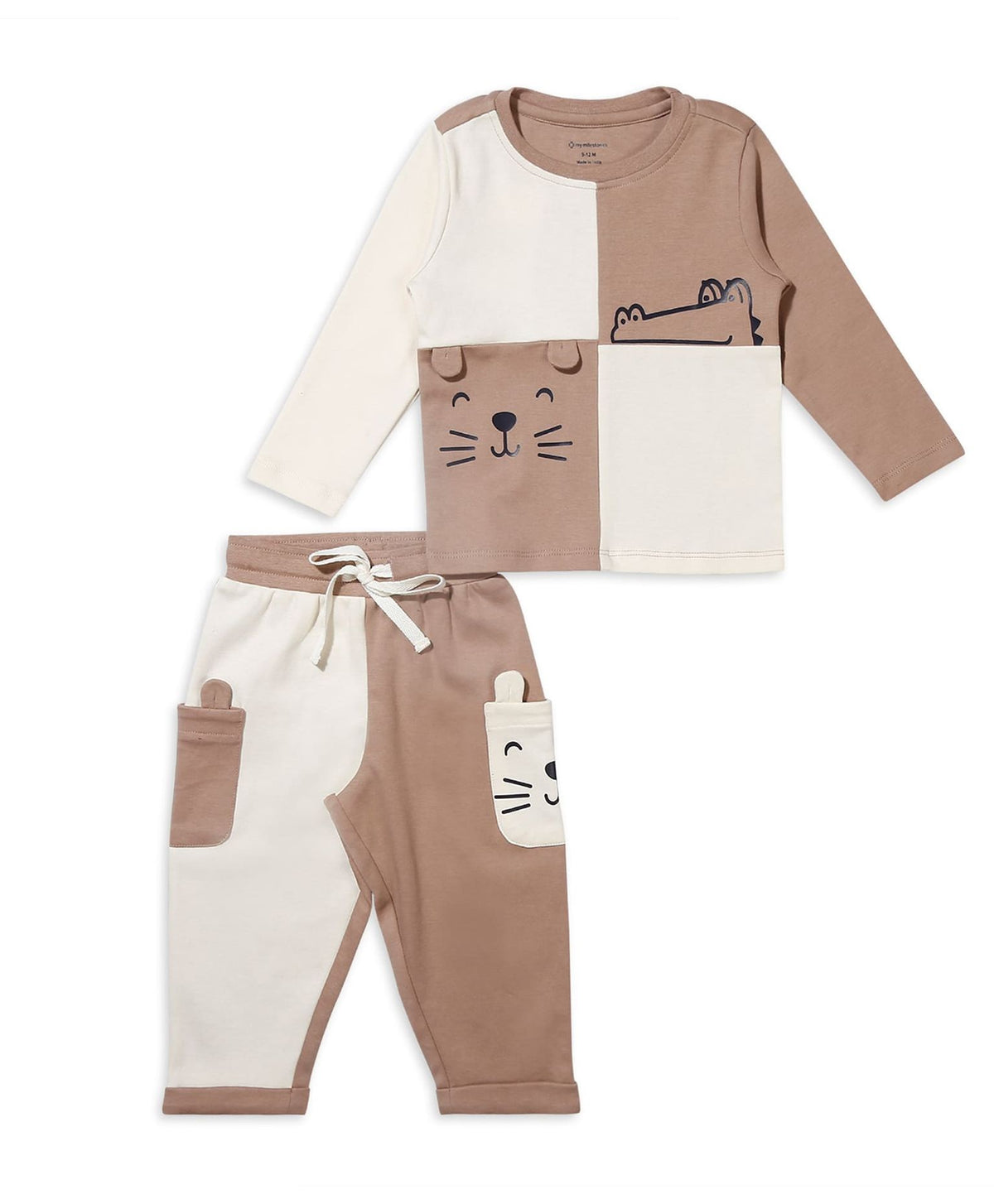 100% Cotton Full Sleeves Color Block Drop Top & Bottom Set - Ecru/Fawn