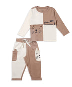 100% Cotton Full Sleeves Color Block Drop Top & Bottom Set - Ecru/Fawn