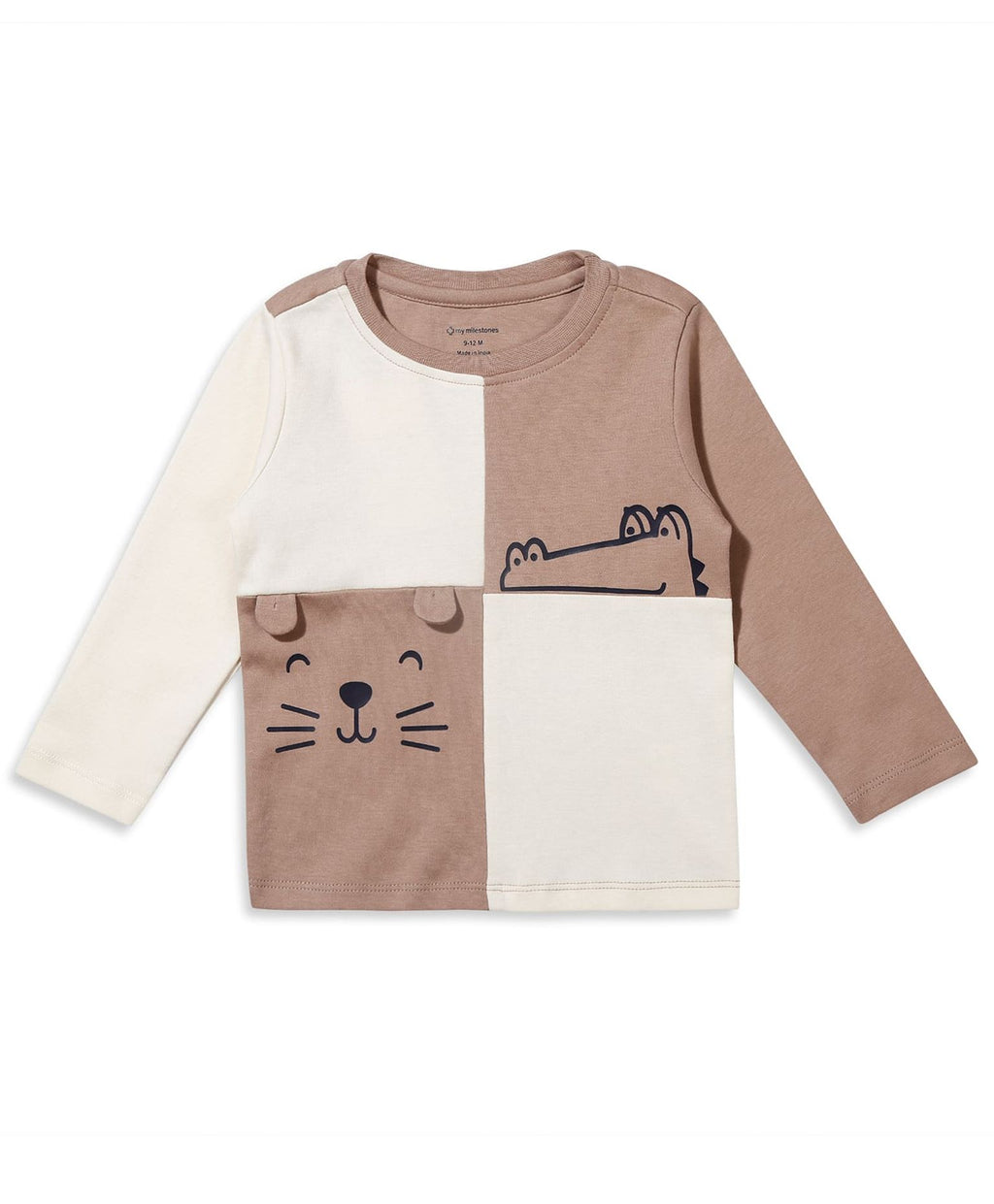 100% Cotton Full Sleeves Color Block Drop Top & Bottom Set - Ecru/Fawn