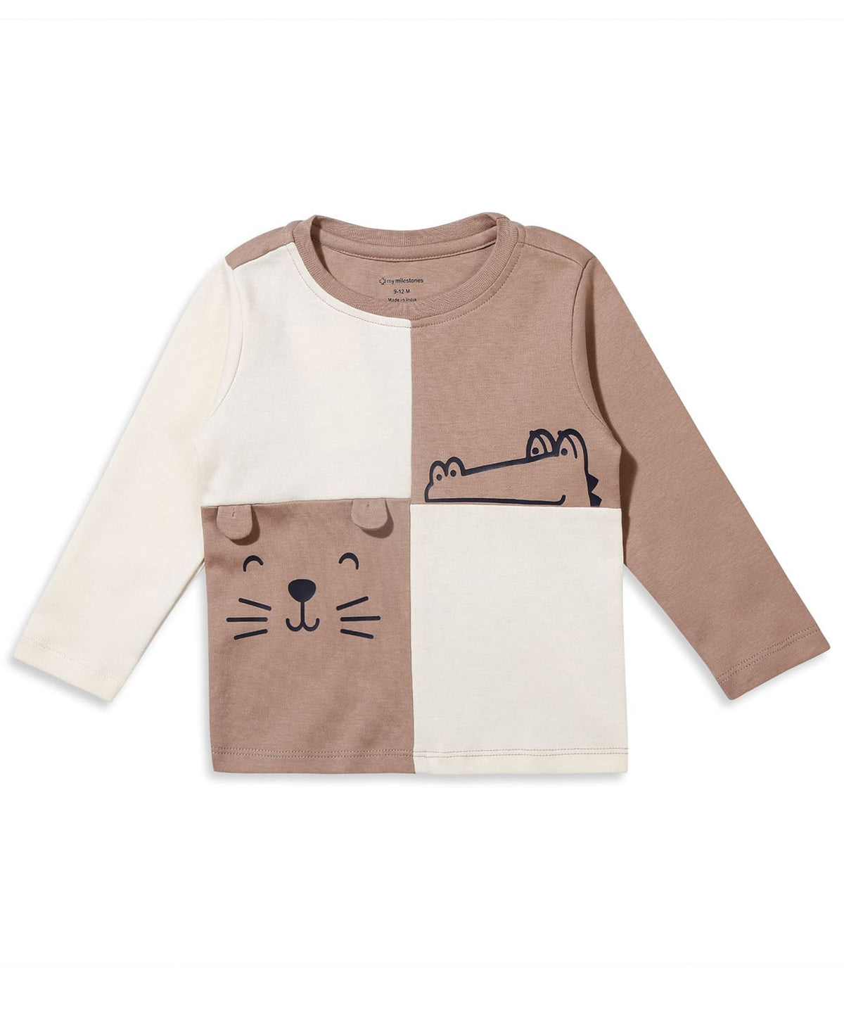 100% Cotton Full Sleeves Color Block Drop Top & Bottom Set - Ecru/Fawn