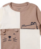 100% Cotton Full Sleeves Color Block Drop Top & Bottom Set - Ecru/Fawn