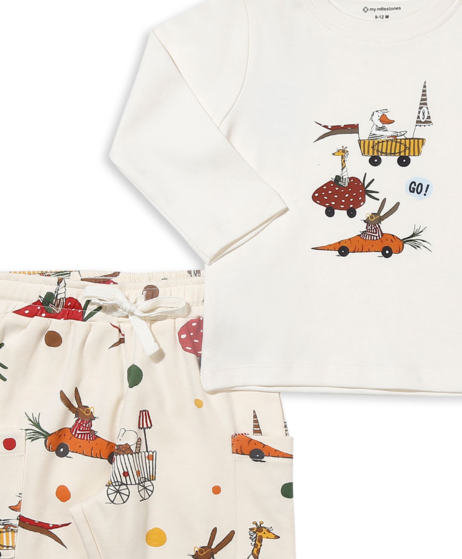 100% Cotton Printed Full Sleeves Tee & Jogger Set N Suits - Ecru
