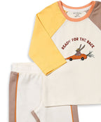 100% Cotton Full Sleeves Printed Color Block Tee & Joggers Set N Suit - Ecru/Fawn/Yellow